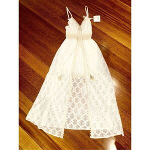 NWT White/Cream/Gold Lace Beach Romper Maxi Dress with Tassels Sz S